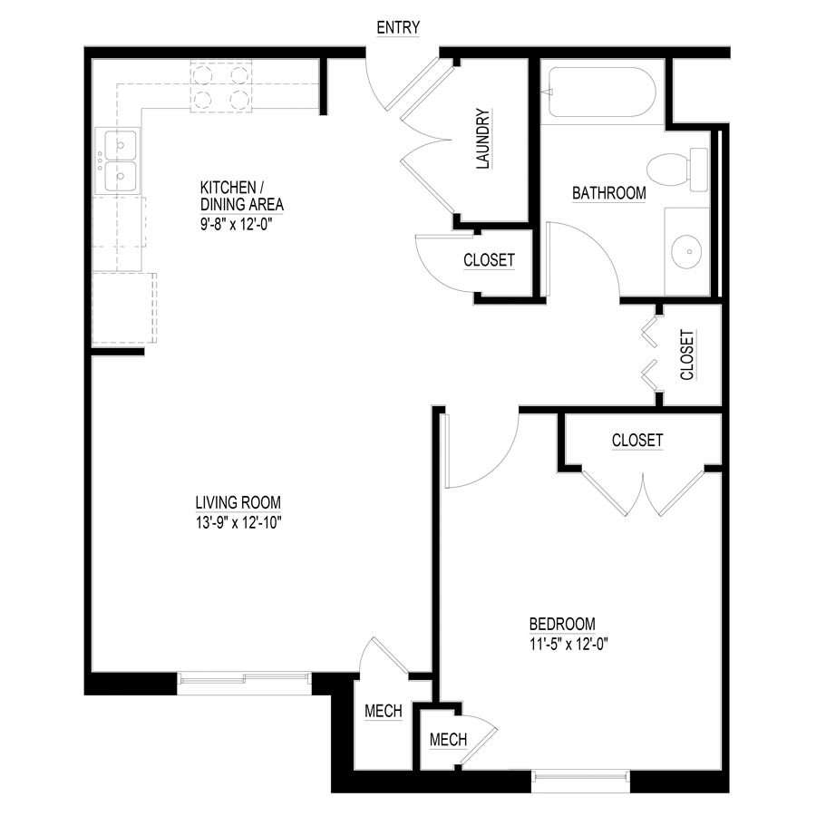 1 Bedroom Corridor Floor Plan Balch Springs Apartment   Forestwood Floor Plan 1br Corridor Building 743 Sq Ft 