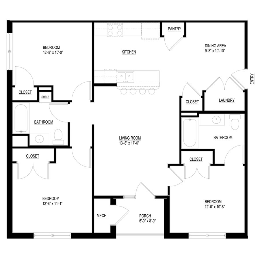 Forestwood Apartments 3 Bedroom Unit Garden-Style Building 1277 sq ft